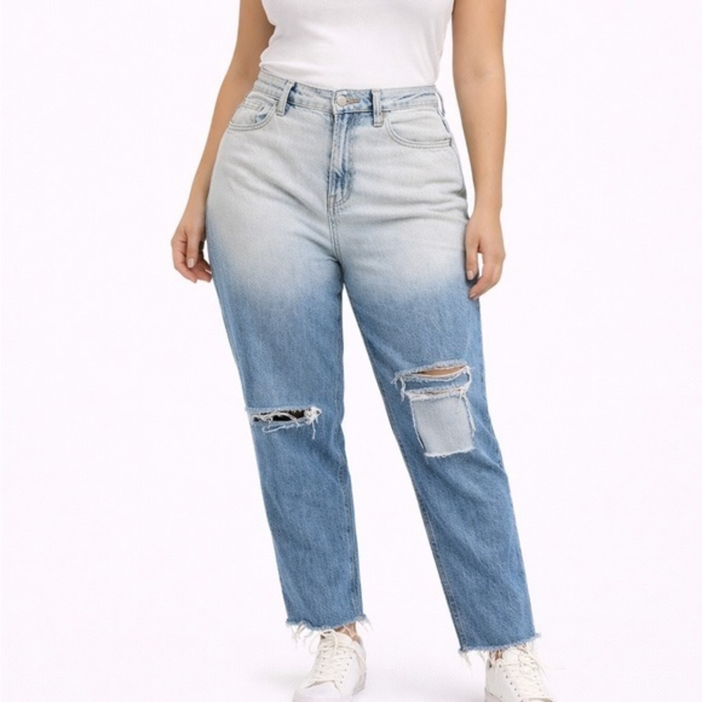 Ultra High Rise Vintage Straight Dip Dye Ombré Distressed Mom Jeans Size 13R